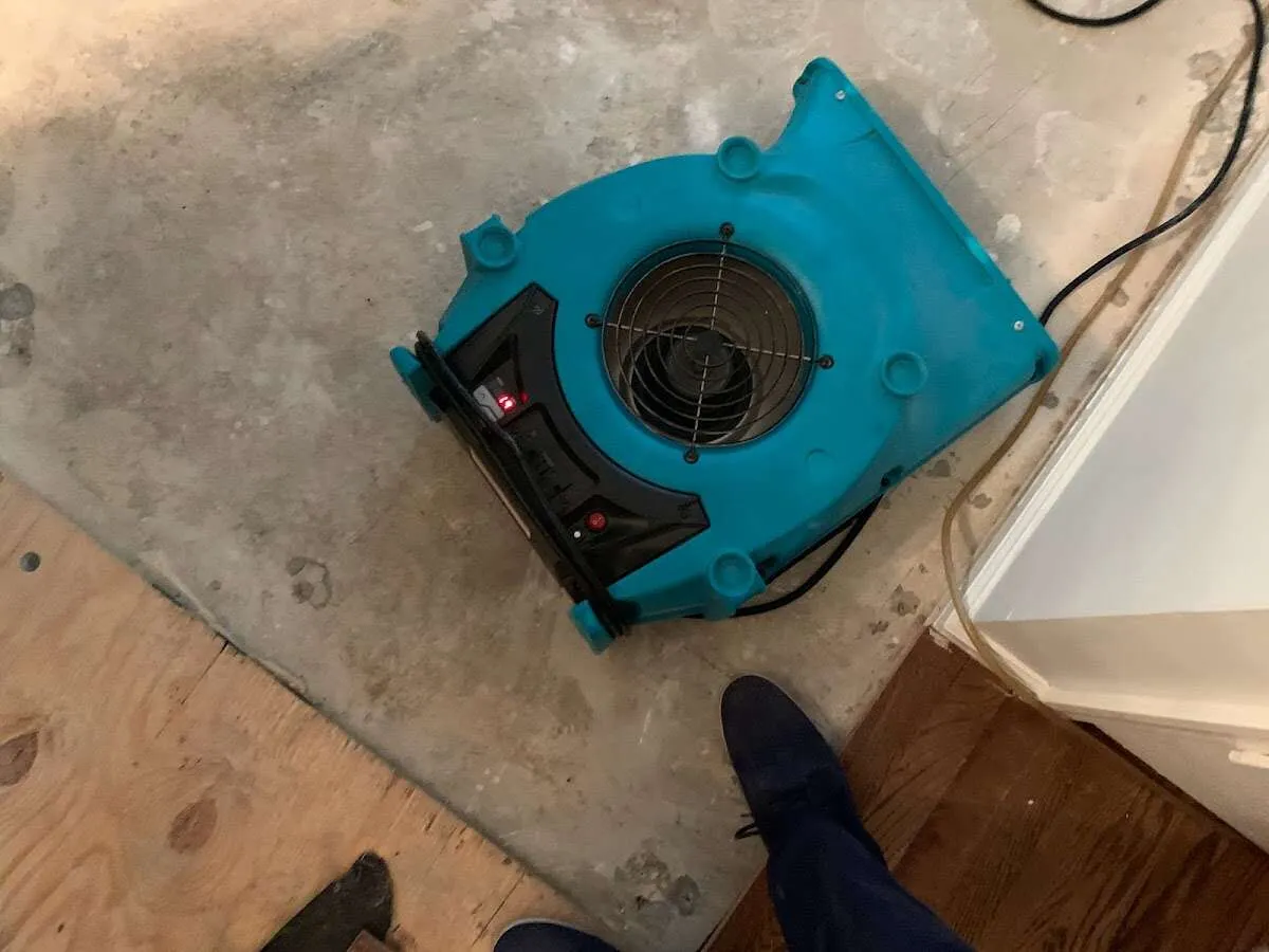 Air mover drying subfloor during Leak Detection & Repair in Brigantine
